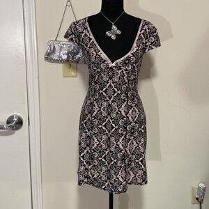 Linda Donatella Pink and black floral print V-neck mini dress